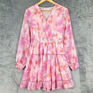 Womens Dress Medium Pink Artsy Watercolor Tie Dye Tiered Fairy Feminine Abstract